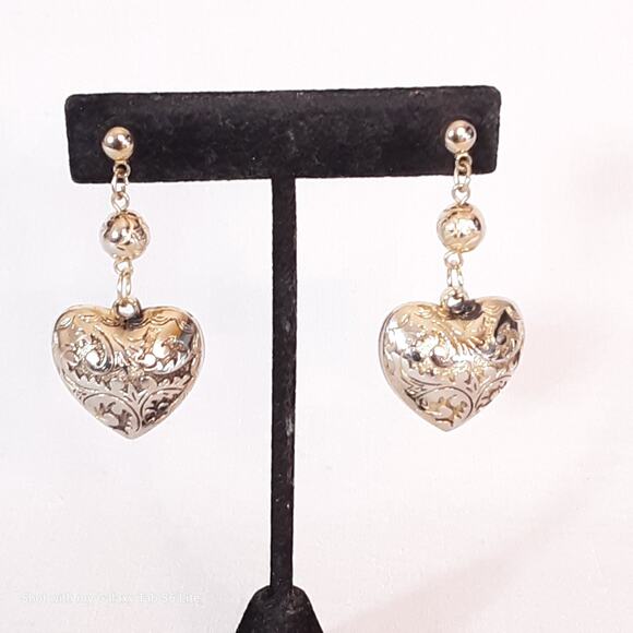 Orante Hollow Heart Dangling Earrings Gold Tone Floral Pattern - Picture 1 of 9